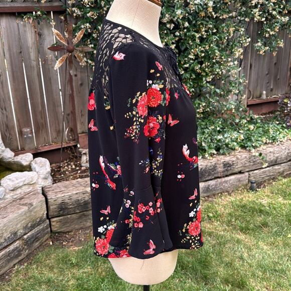 Lily White Black Multicolored Floral Butterfly Bell Sleeve Chiffon Blouse Medium - Picture 5 of 11